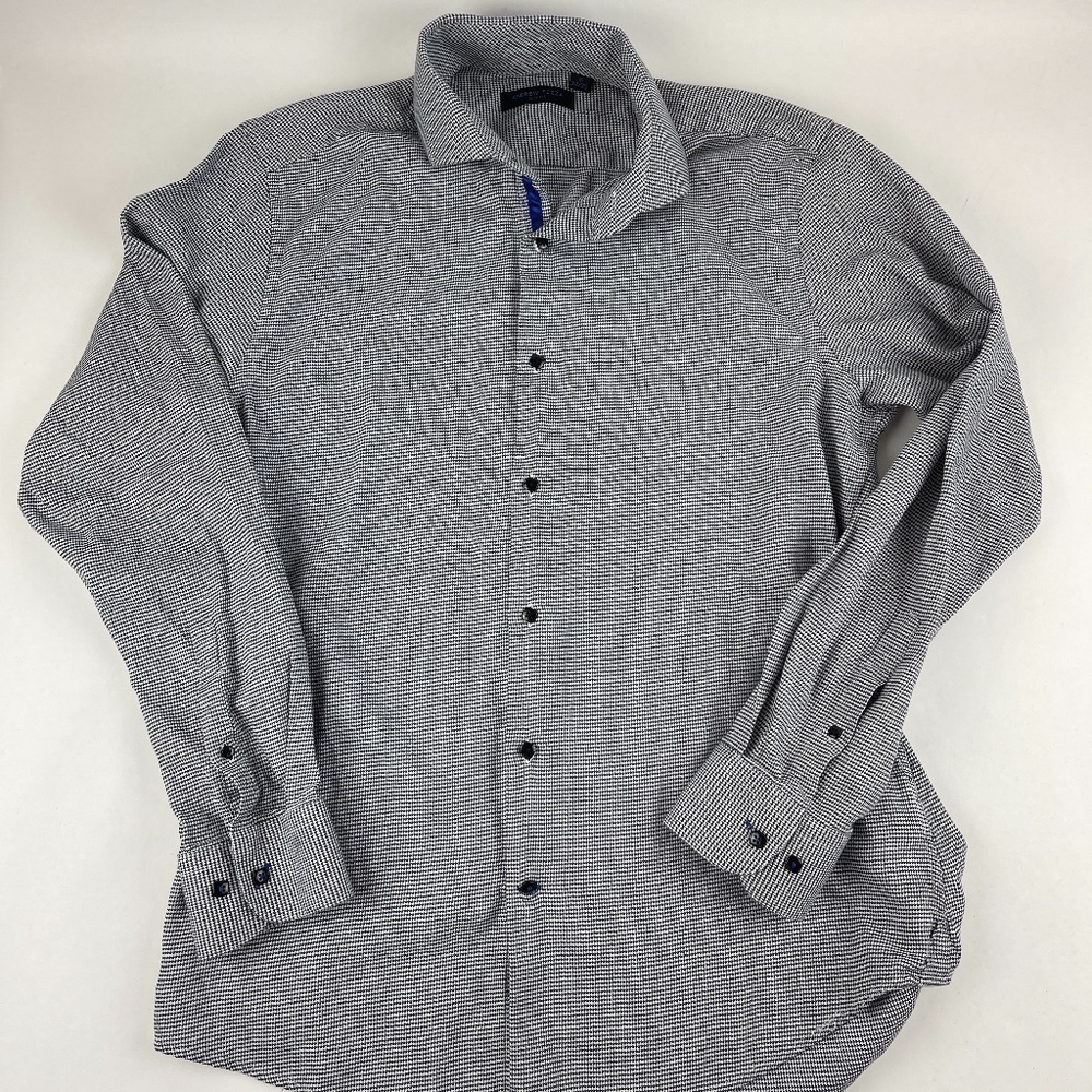 Andrew Fezza Button Up Shirt Mens 16 34/35 Slim Fit Black White Houndstooth